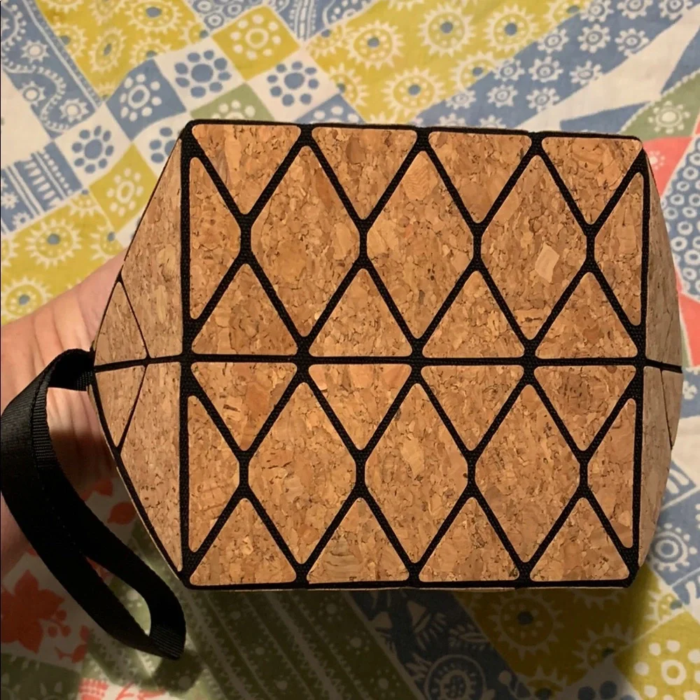 Geometric Cork Wristlet Pouch or Make Up Bag- Collapses Flat for Travel - Picture 6 of 9